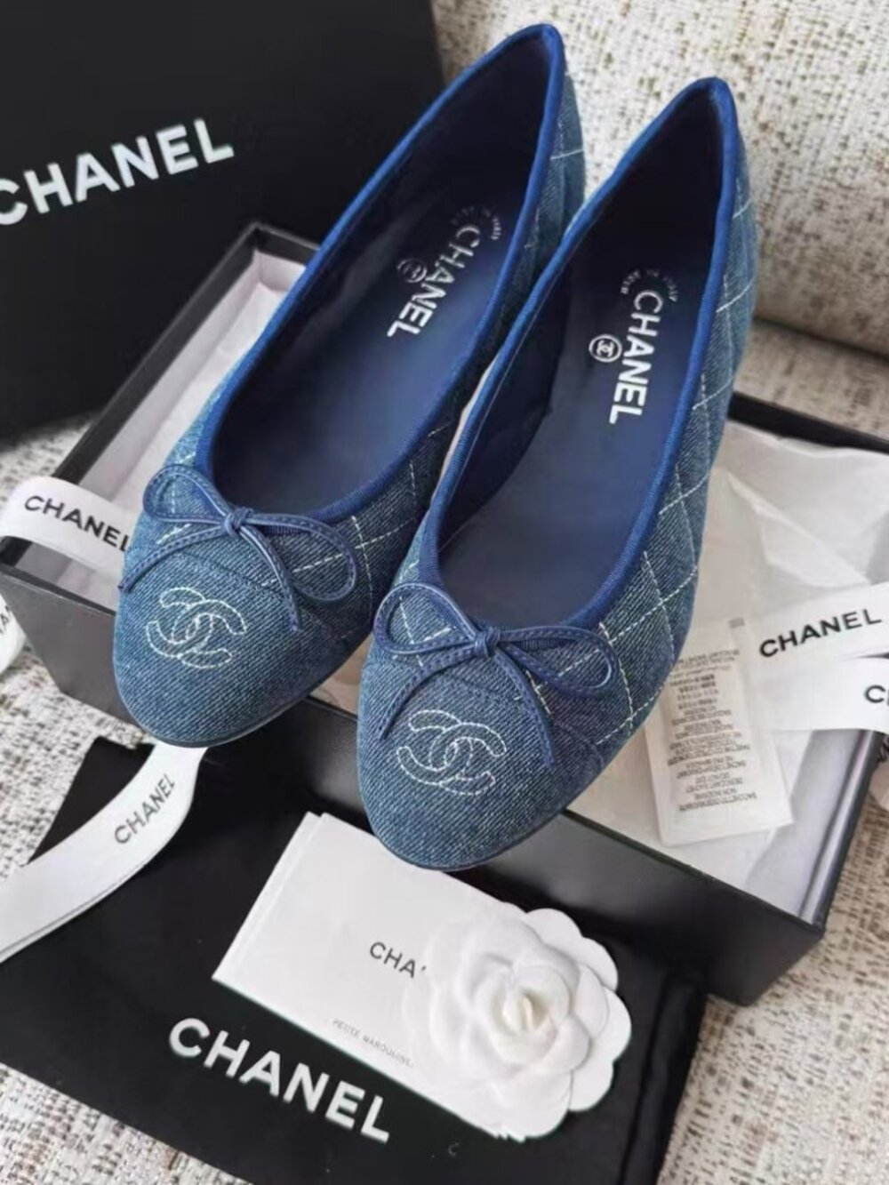 Chanel Blue Denim CC Embroidered Bow Ballet Flats